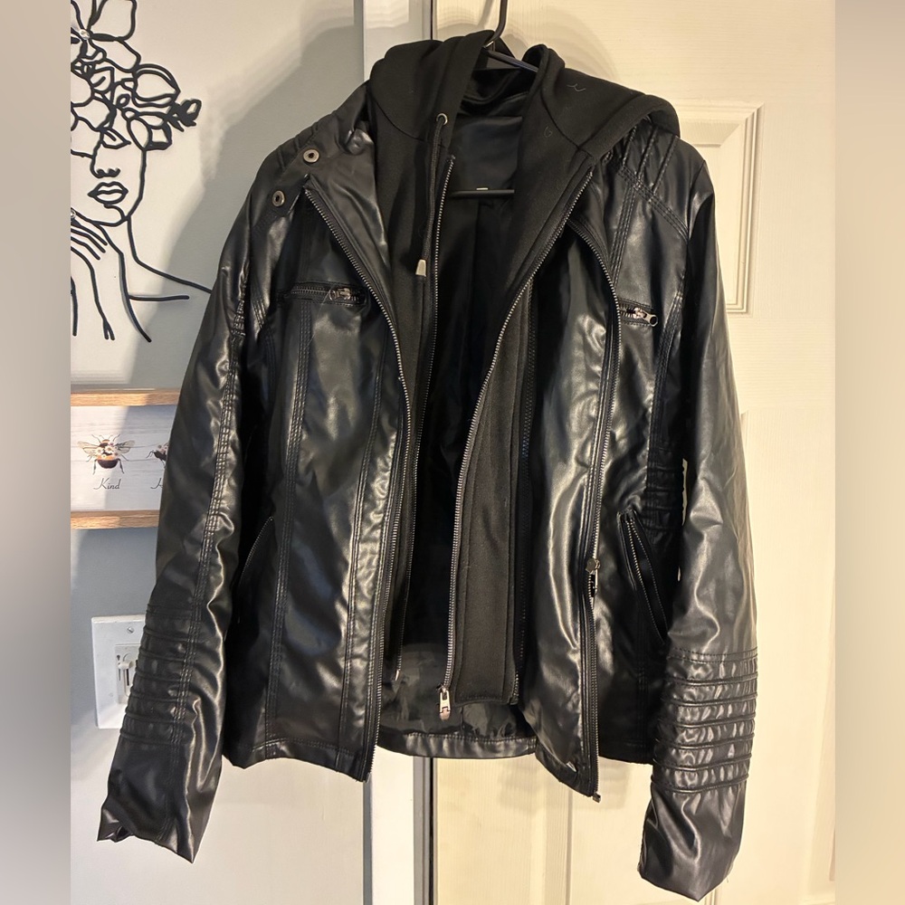 Men's Black Faux Leather Hooded Jacket